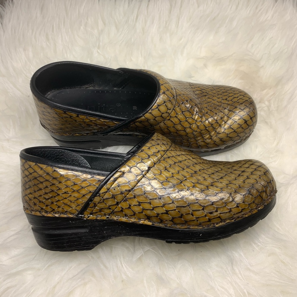 Sanita Snake Print Gold Leather Clogs Nursing 39 - Gem